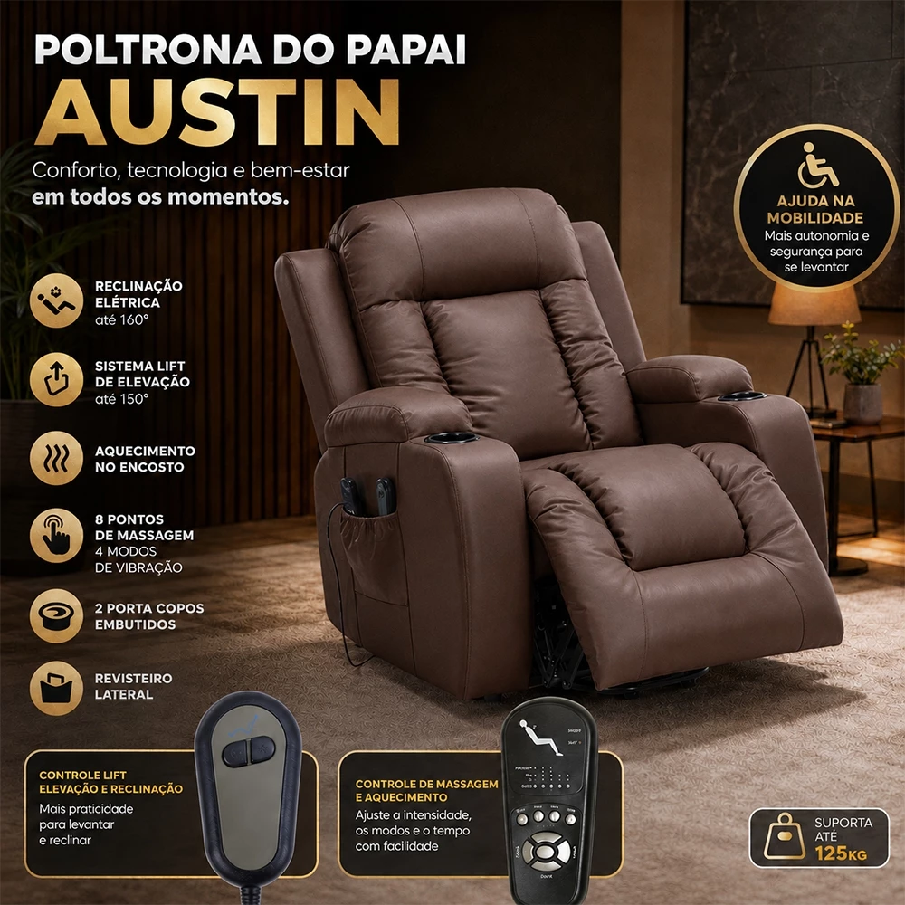 Poltrona de Massagem Reclinável Austin Elevação 150º PU Marrom Chocolate por R$ 3.755