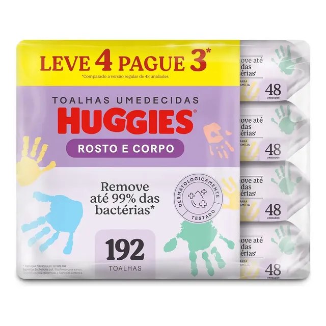 Kit Lenço Umedecido Infantil Huggies Rosto e Corpo 4 Pacotes com 48 Unidades