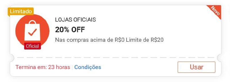 Cupom Shopee Lojas Oficiais: 20% OFF sem mínimo, limitado a R$ 20