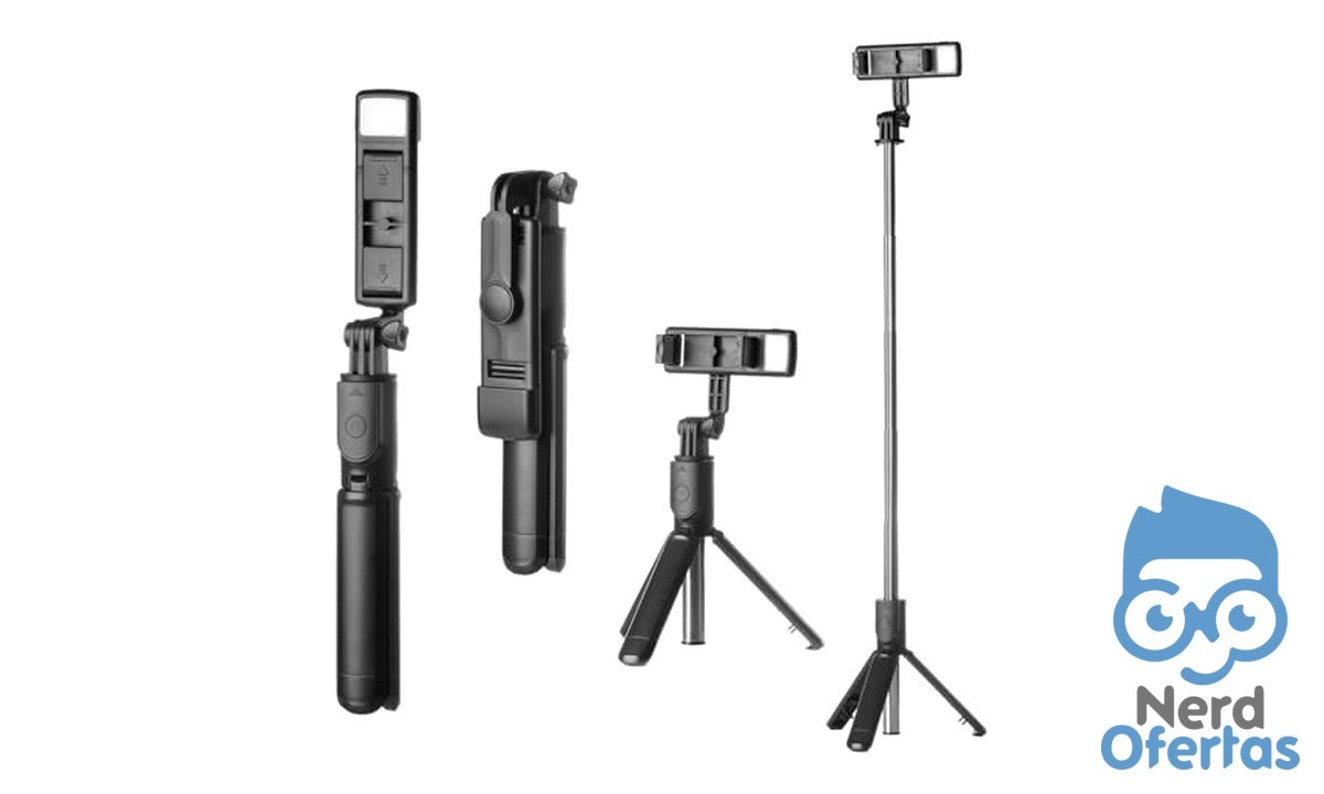 Bastão Pau de Selfie e Tripé de Mesa com Luz de Led para Celular Ajustável 360º Controle Bluetooth Destacável Suporte para Telefone Tripe de