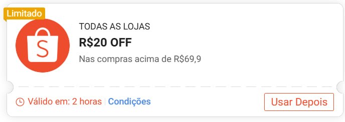 Cupom Shopee: R$ 20,00 OFF em compras de R$ 69,90, válido a partir de 19:30 de 29/10