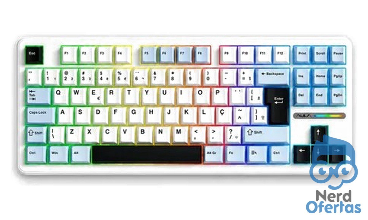 Teclado Mecânico Aula F87 Branco RGB Sem Fio Tri Mode Bluetooth 2.4GHz USB-C por R$ 271