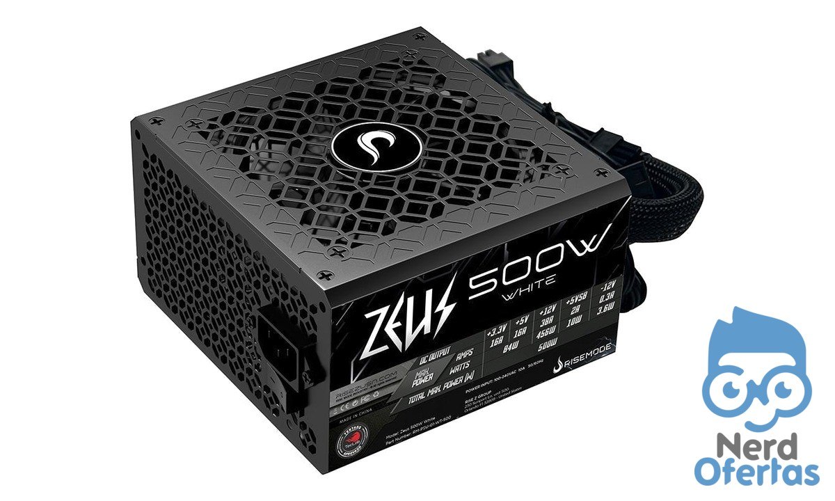Fonte Gamer Rise Mode Zeus 500W PFC Ativo Preto por R$ 144
