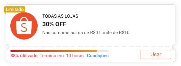 Cupom Shopee: 30% OFF sem mínimo, limitado a R$ 10 (esgotando)