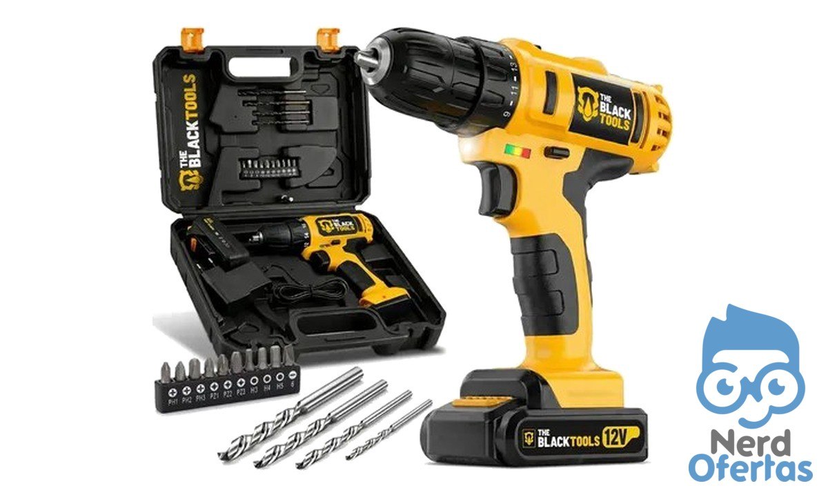 Parafusadeira e Furadeira Sem Fio 3/8 10mm com Maleta e Acessórios The Black Tools por R$ 71