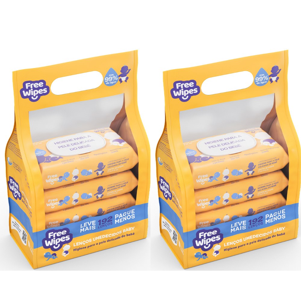 Kit com 2 Promo Pack Free Wipes Baby, 4 pacotes com 48 unidades cada, por R$34,93