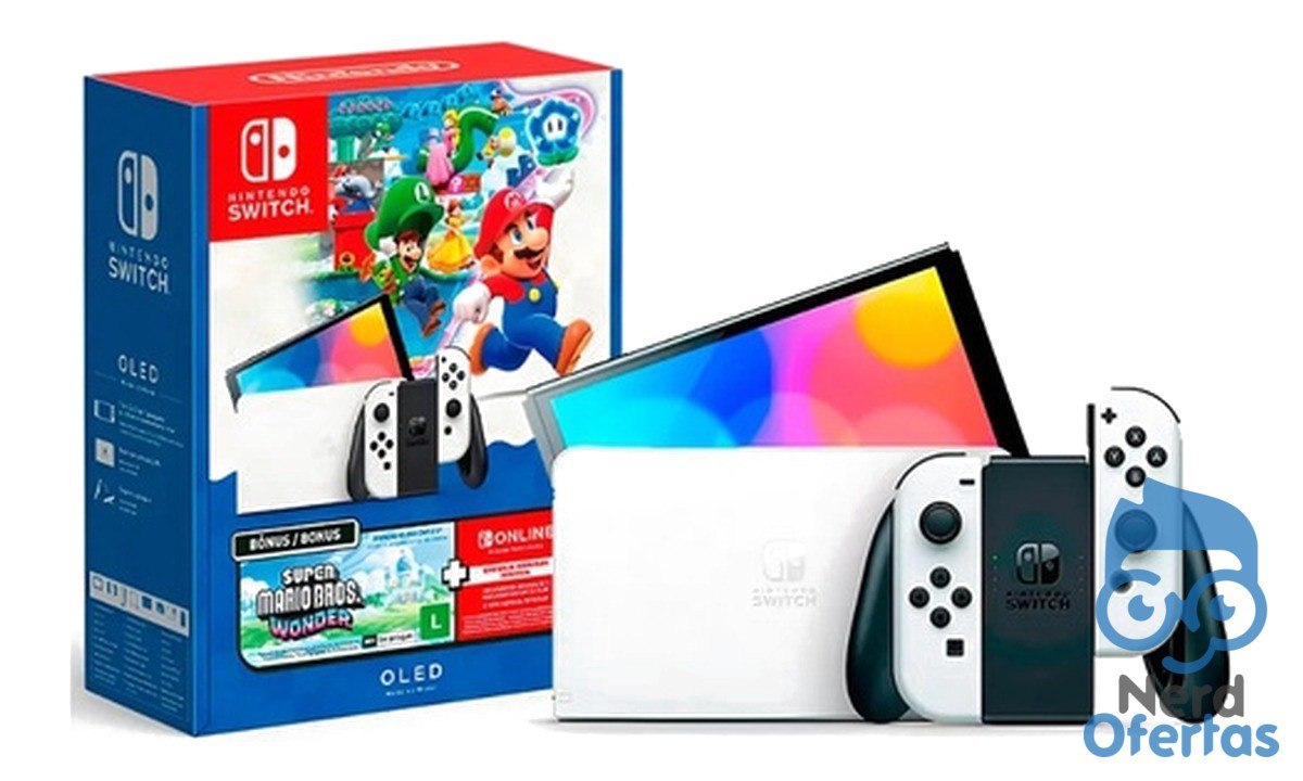 Console Nintendo Switch OLED 64GB com Super Mario Bros Wonder e 3 meses de Nintendo Switch Online
