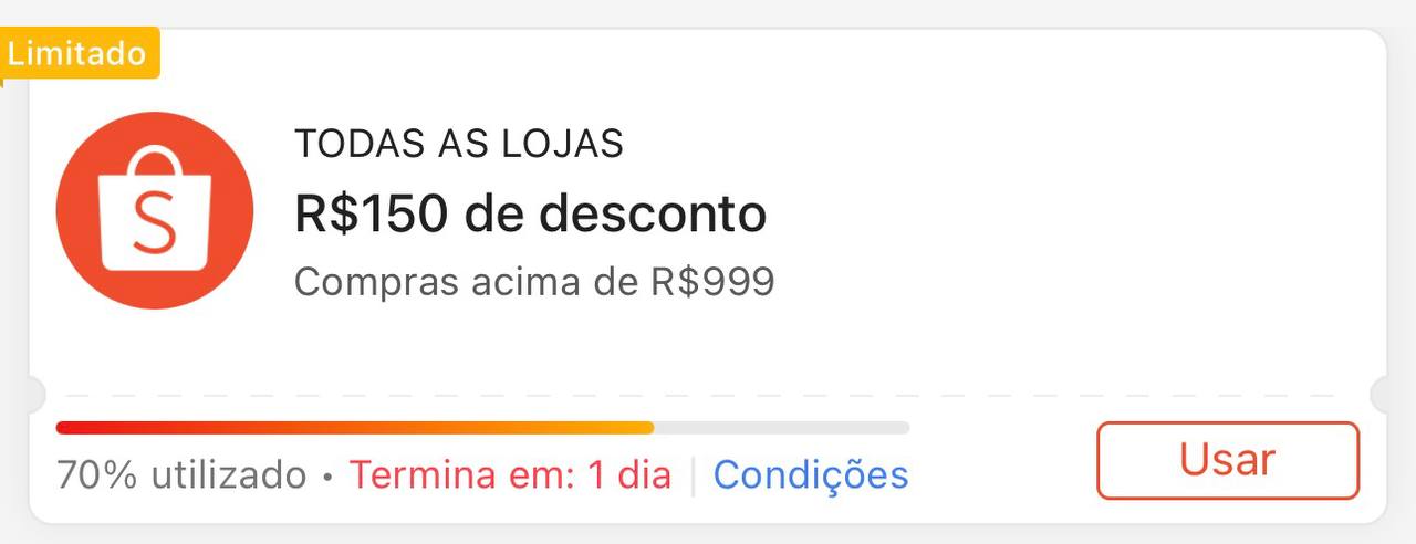 Cupom Shopee: R$ 150 OFF em compras acima de R$ 999 (código 3SQU3NT411)
