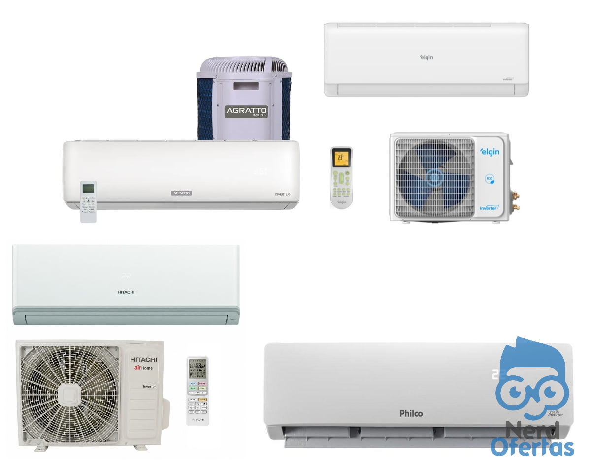 Ar Split Agratto 9000 BTUs, Elgin 12000 BTUs, Hitachi 12000 BTUs e Philco 12000 BTUs Inverter
