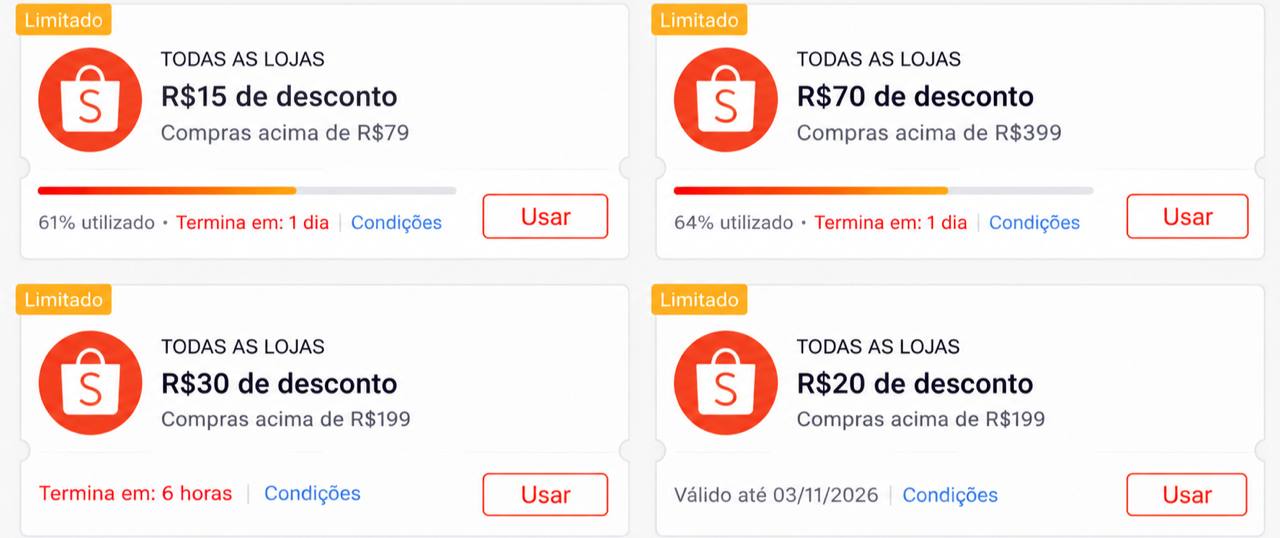 Cupons Shopee ativos: R$ 70 OFF em R$ 399, R$ 30 OFF em R$ 199 e mais