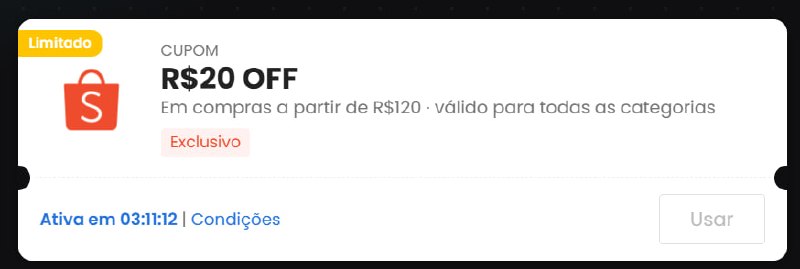 Cupom Shopee: R$ 20 OFF em compras acima de R$ 120