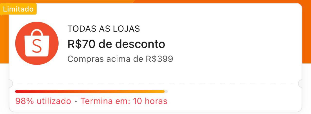 Cupom Shopee: R$ 70,00 OFF em compras acima de R$ 399,00