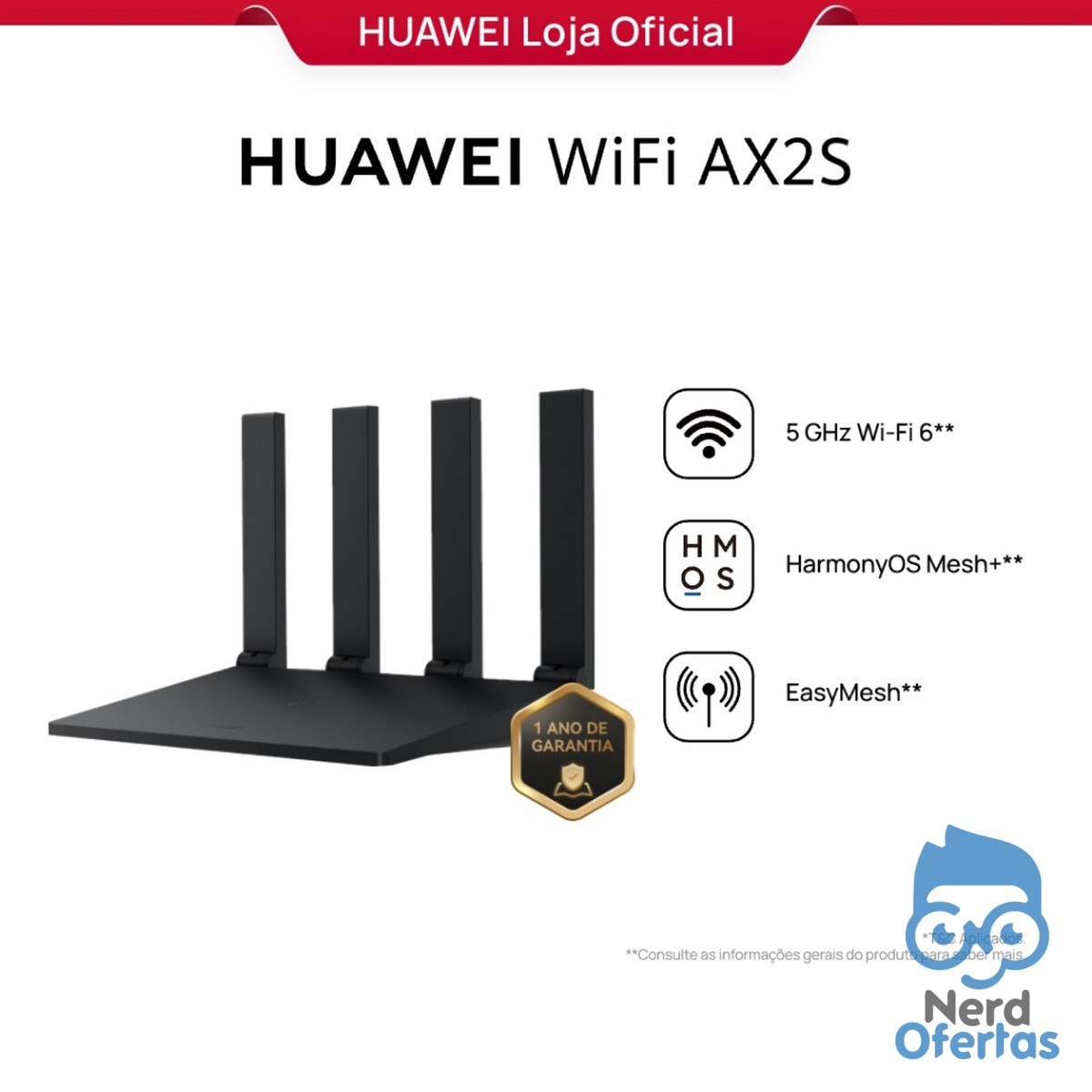 Huawei WiFi AX2S Roteador WS7000 V2 Dual Band Wi-Fi 6 por R$ 98 (Branco ou Preto)