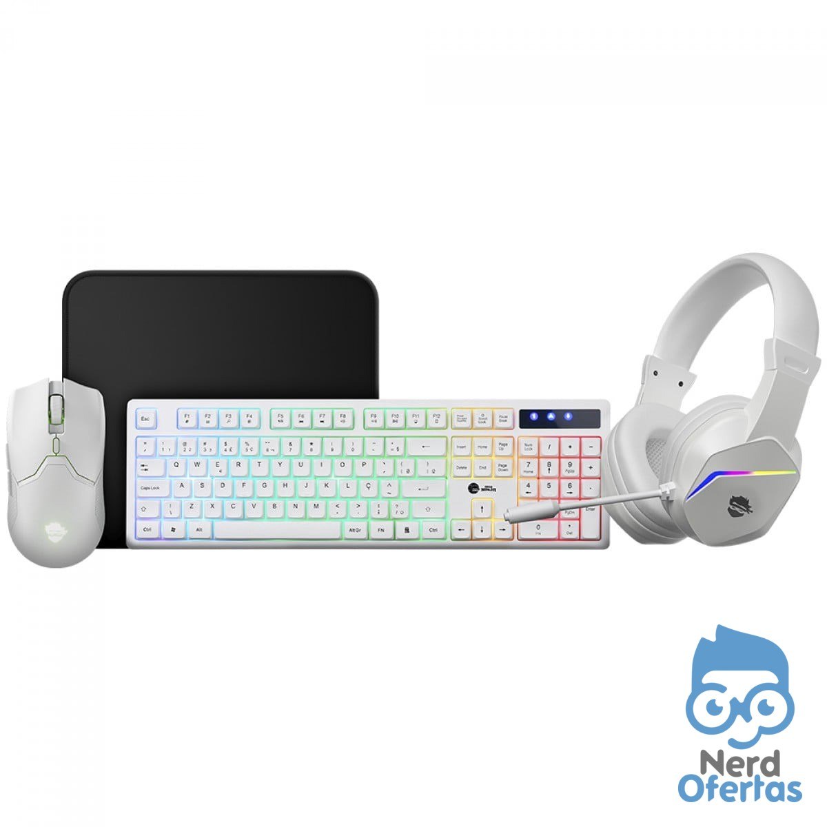 Combo Gamer Ninja Squad 4 em 1 Headset, Teclado, Mouse e Mousepad USB Rainbow Branco por R$ 89