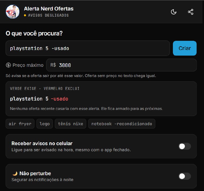 Cadastre avisos de produtos com preço máximo para receber alerta