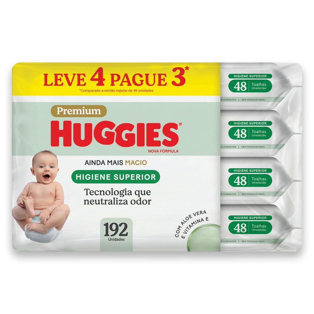 Lenços Umedecidos Huggies Higiene Superior, 4 Pacotes com 48 Unidades, por R$29,70