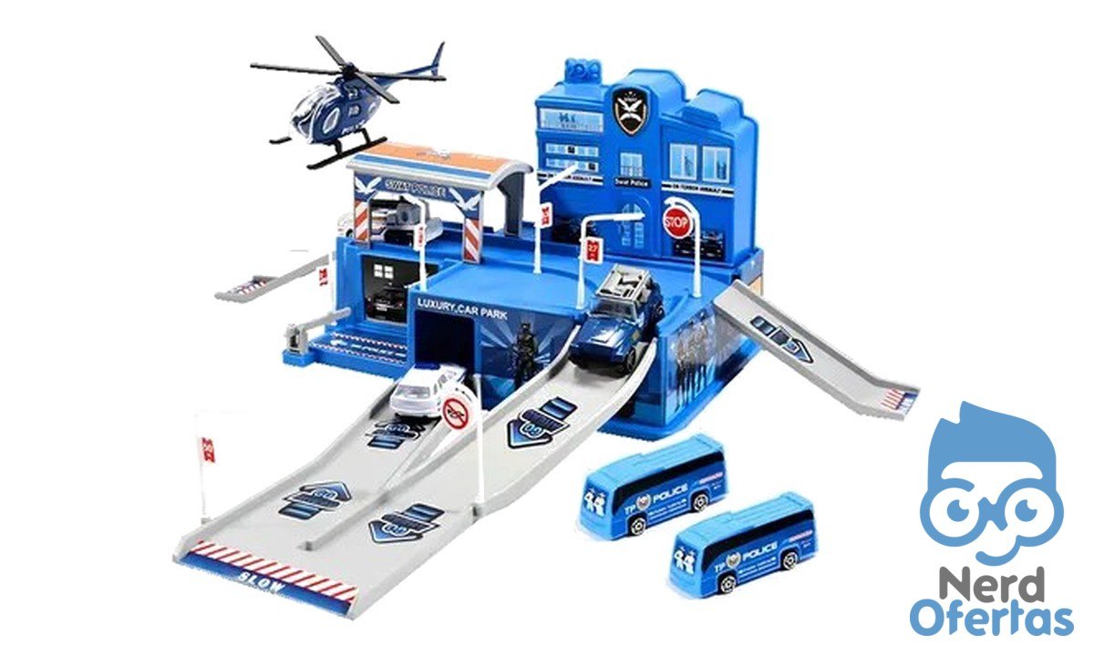 Pista de Carrinhos Maxi Toys Polícia com 5 Veículos e Acessórios 48x36cm por R$ 49