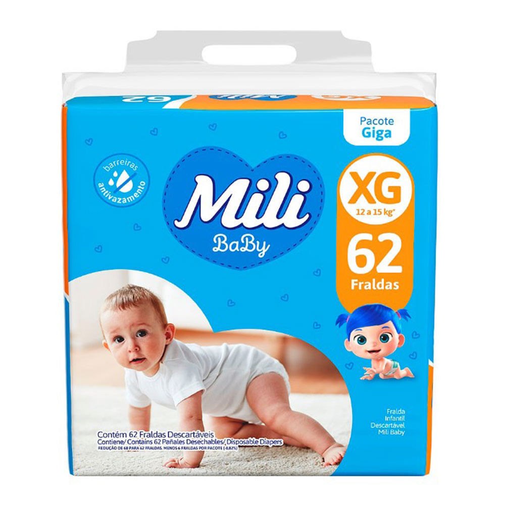 Fralda Mili Baby XG com 62 Unidades por R$60,23