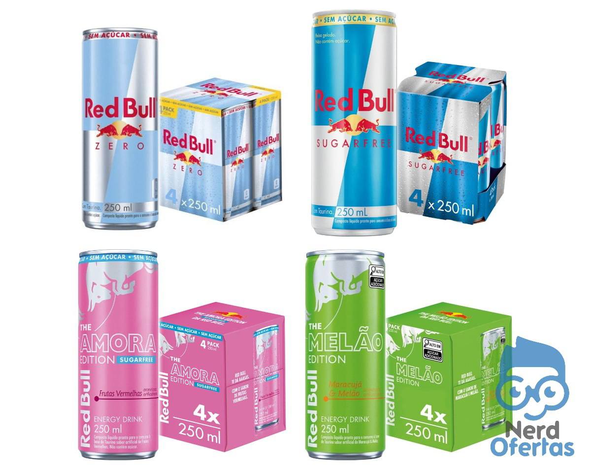 Pack 4 Latas Red Bull Energético 250ml, Sem Açúcar, Amora e Maracujá por R$ 26