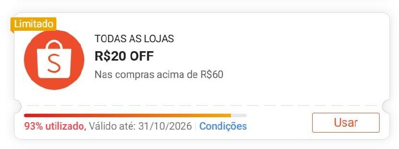 Cupom Shopee: R$ 20,00 OFF em R$ 60,00