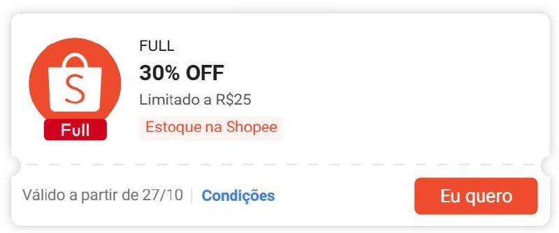 Cupom Shopee: 30% OFF sem mínimo, limitado a R$ 25