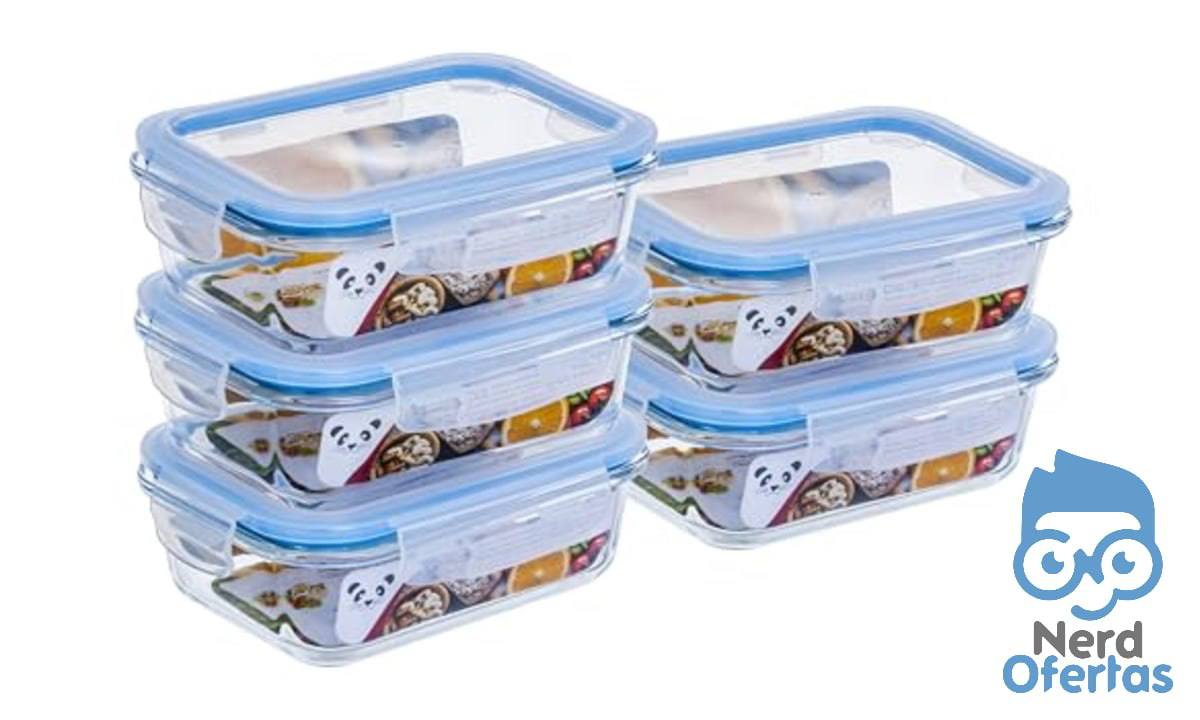 Kit 5 Potes de Vidro Gato Panda 640 ml Retangular com Tampa Hermética por R$ 38