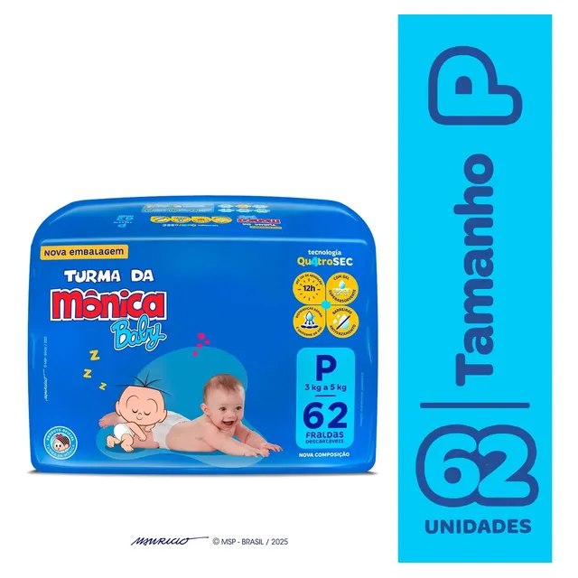 Fralda Turma da Mônica Baby P com 62 unidades por R$29,30 cada