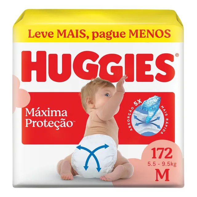 Fralda Huggies Máxima Proteção M com 172 unidades por R$112,09