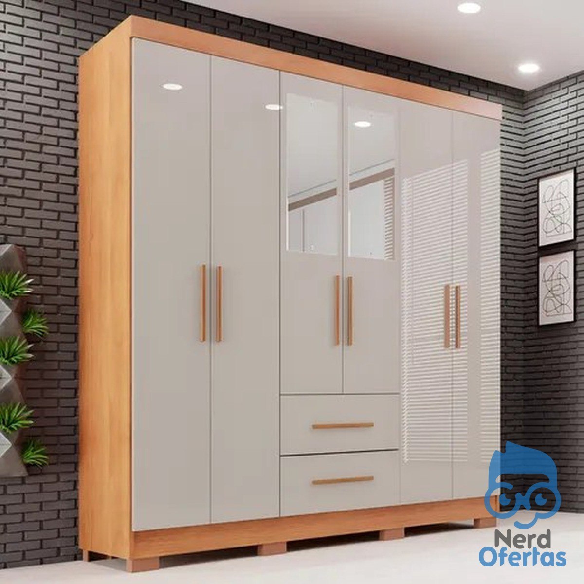 Guarda-roupa Casal com Espelho 6 Portas 2 Gavetas Sallêto Cinamomo/Off White por R$ 487