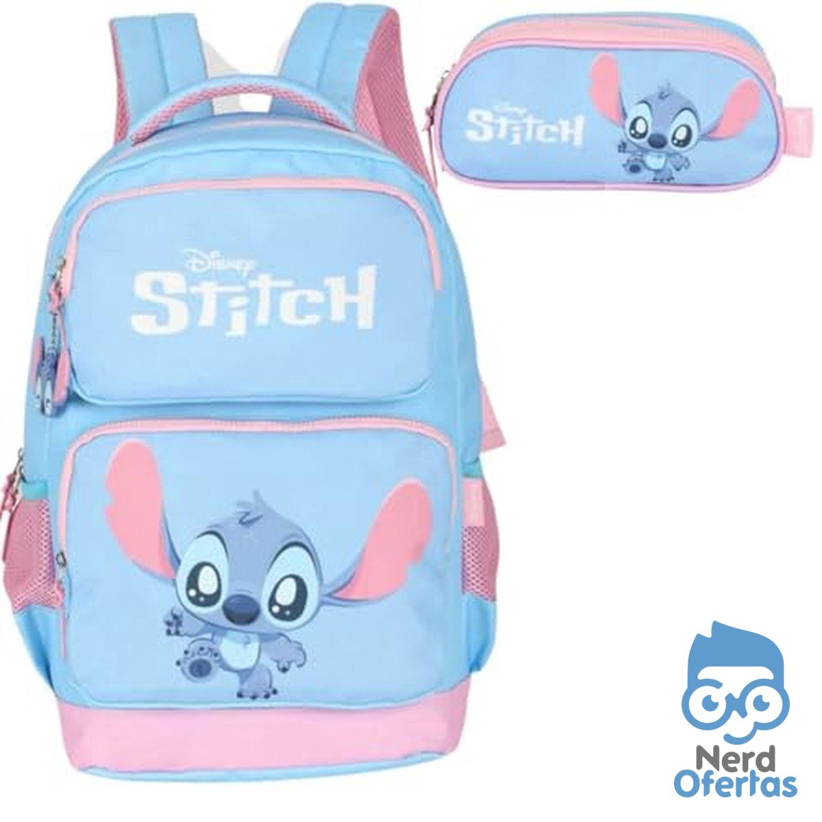 Mochila Infantil Stitch com Estojo Triplo Azul