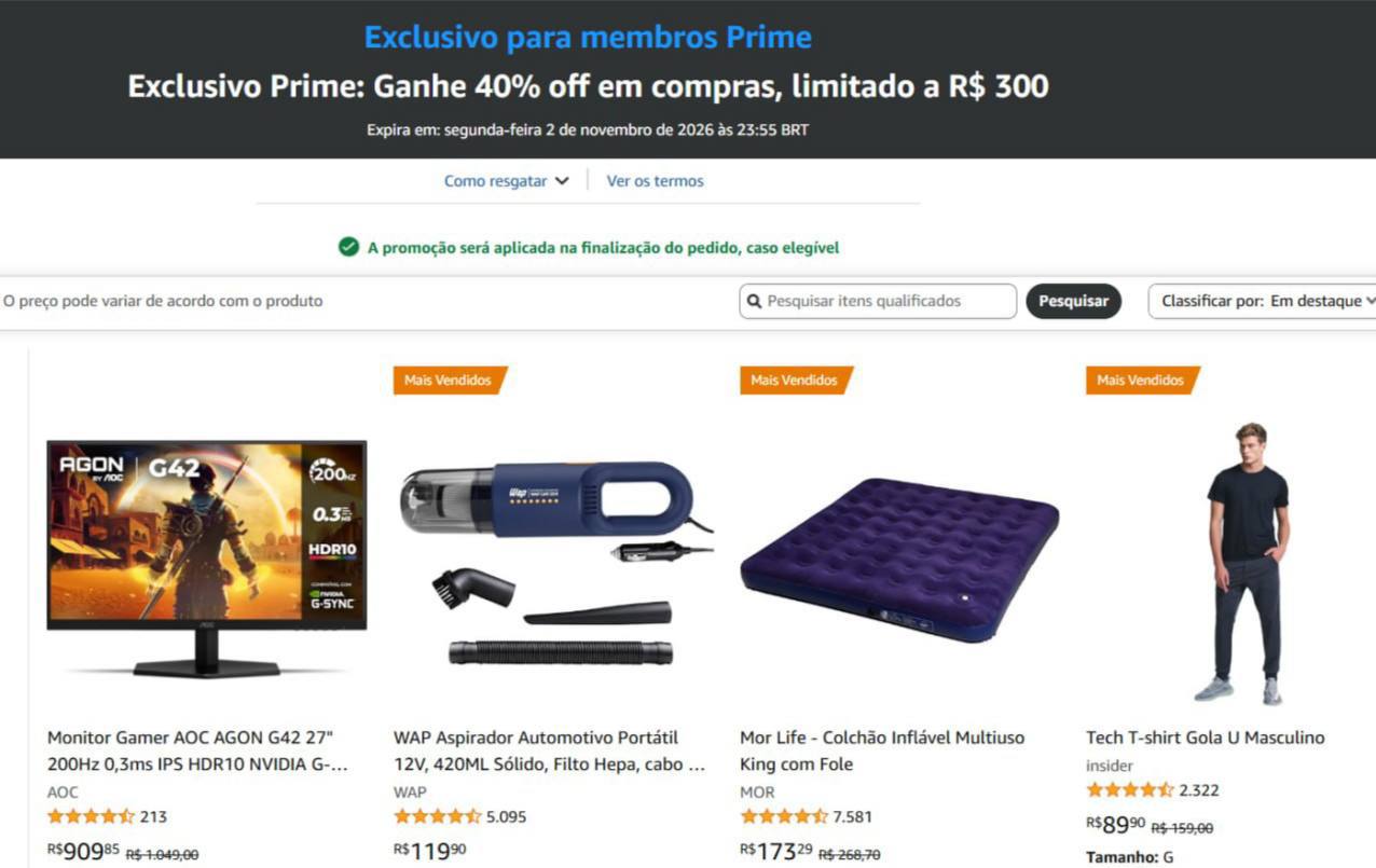 Cupom Amazon de 40% OFF limitado a R$ 300 por pessoa, usável várias vezes
