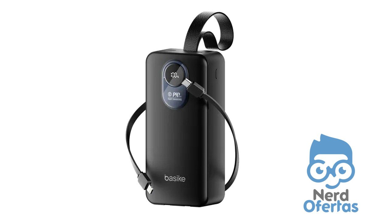 Power Bank Basike 30.000mAh com Carregamento Rápido 22.5W, Cabos Embutidos e Display LED