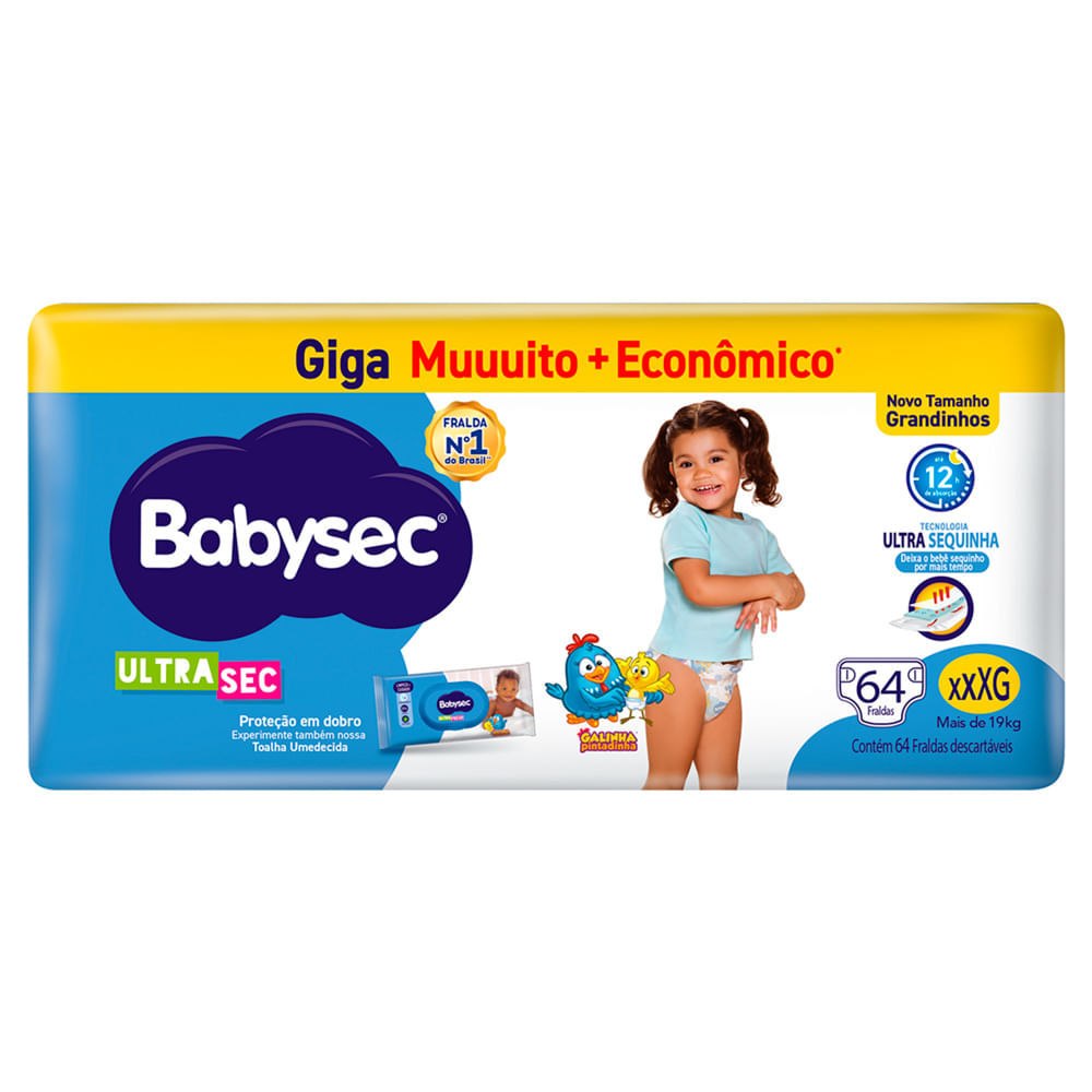 Fralda Babysec Ultrasec Giga XXXG com 64 Unidades por R$70,39