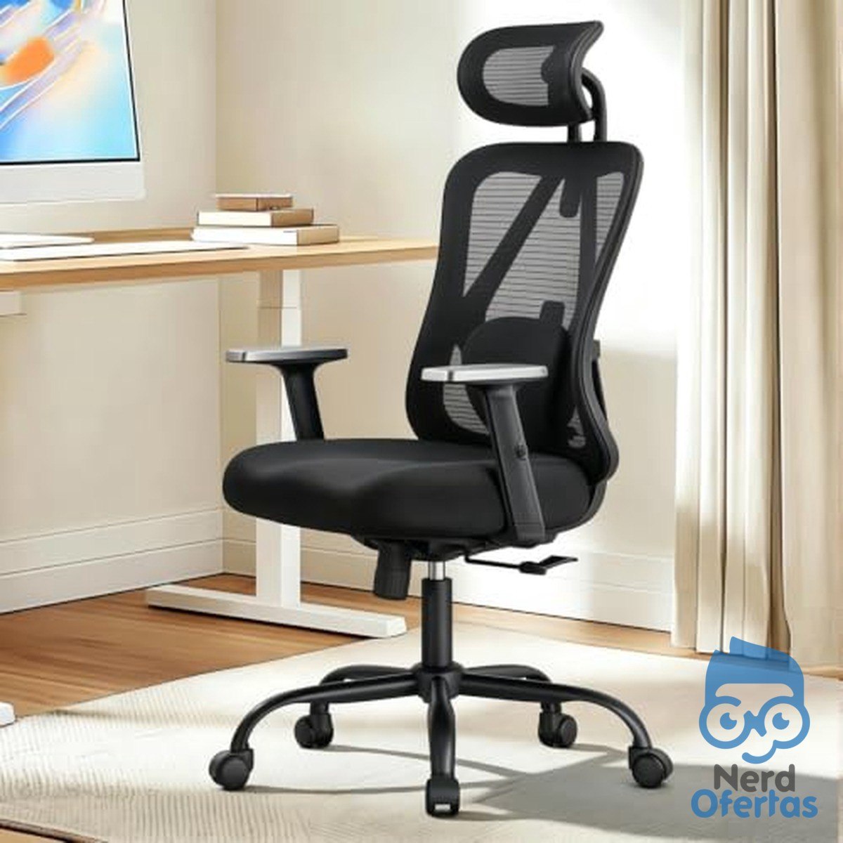 Cadeira de Escritório Ergonômica Preta, Mesh Respirável com Apoio Lombar