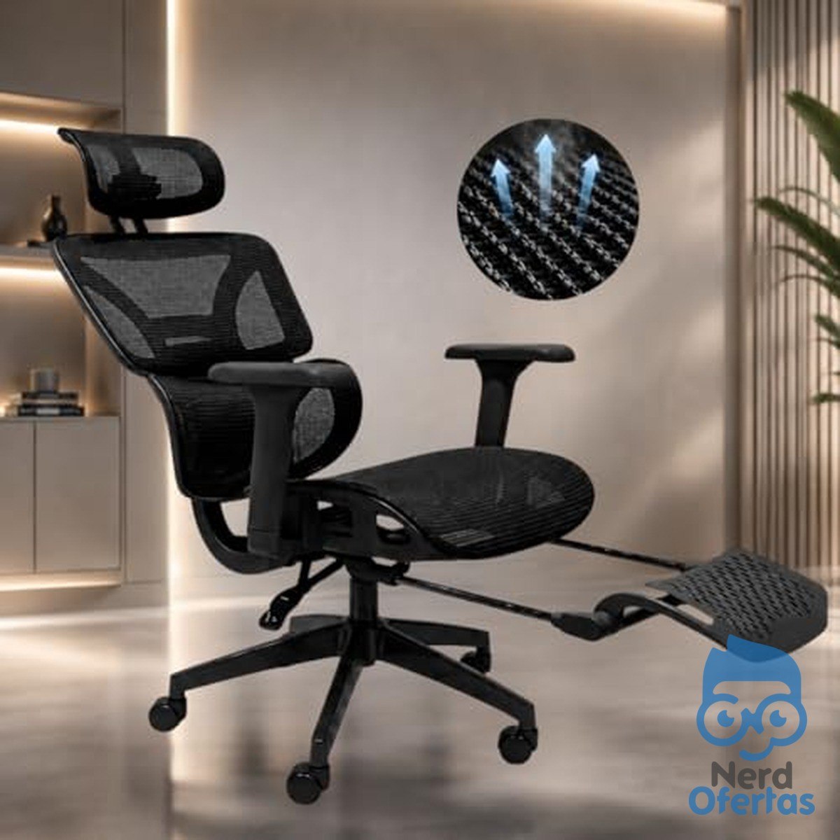 Cadeira Ergonômica Escritório Reclinável Vmstark com Apoio para Pés e Ajuste Lombar, Preto, até 150kg