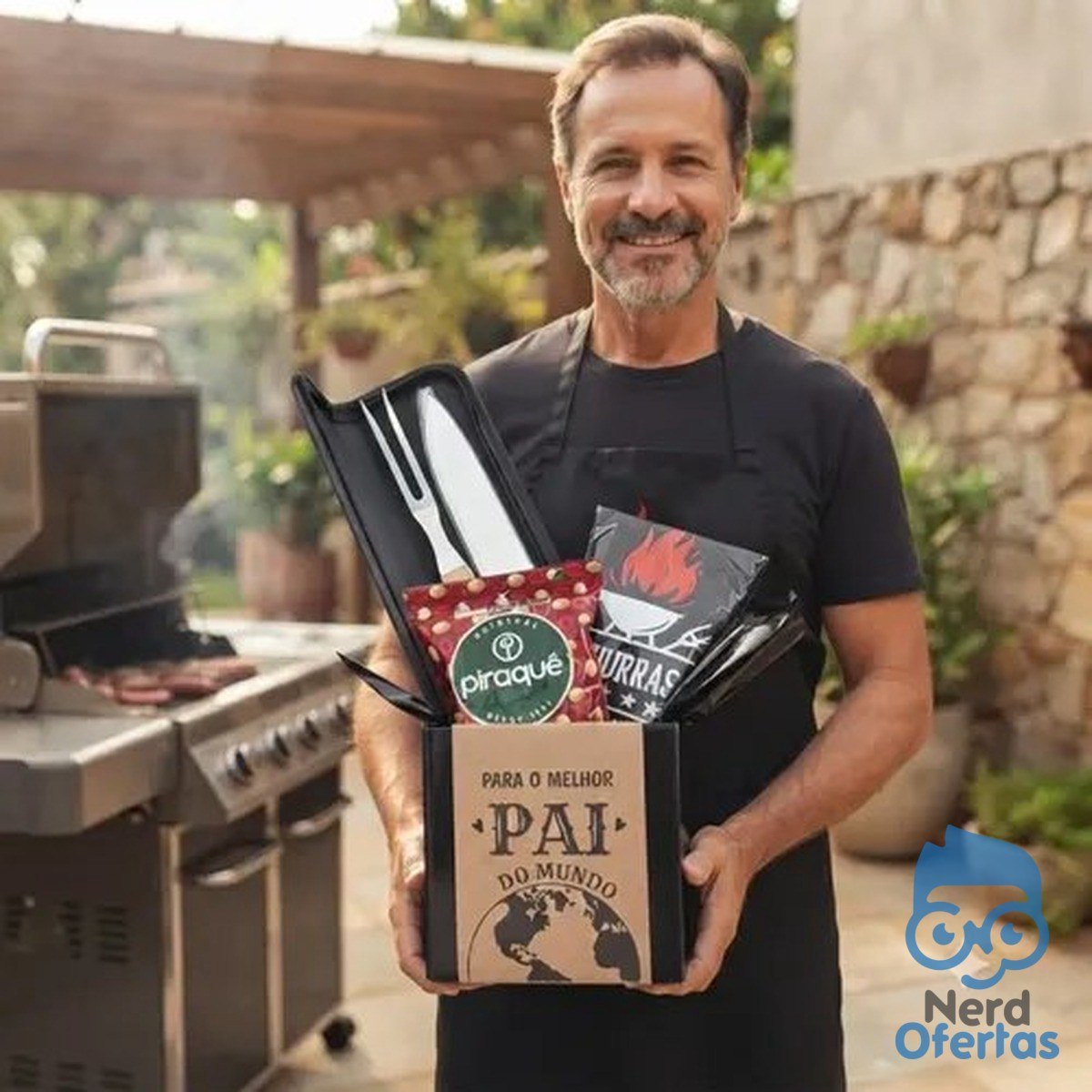 Kit Churrasco Presente com Faca Aço Inox, Avental e Cozinha 3 Peças