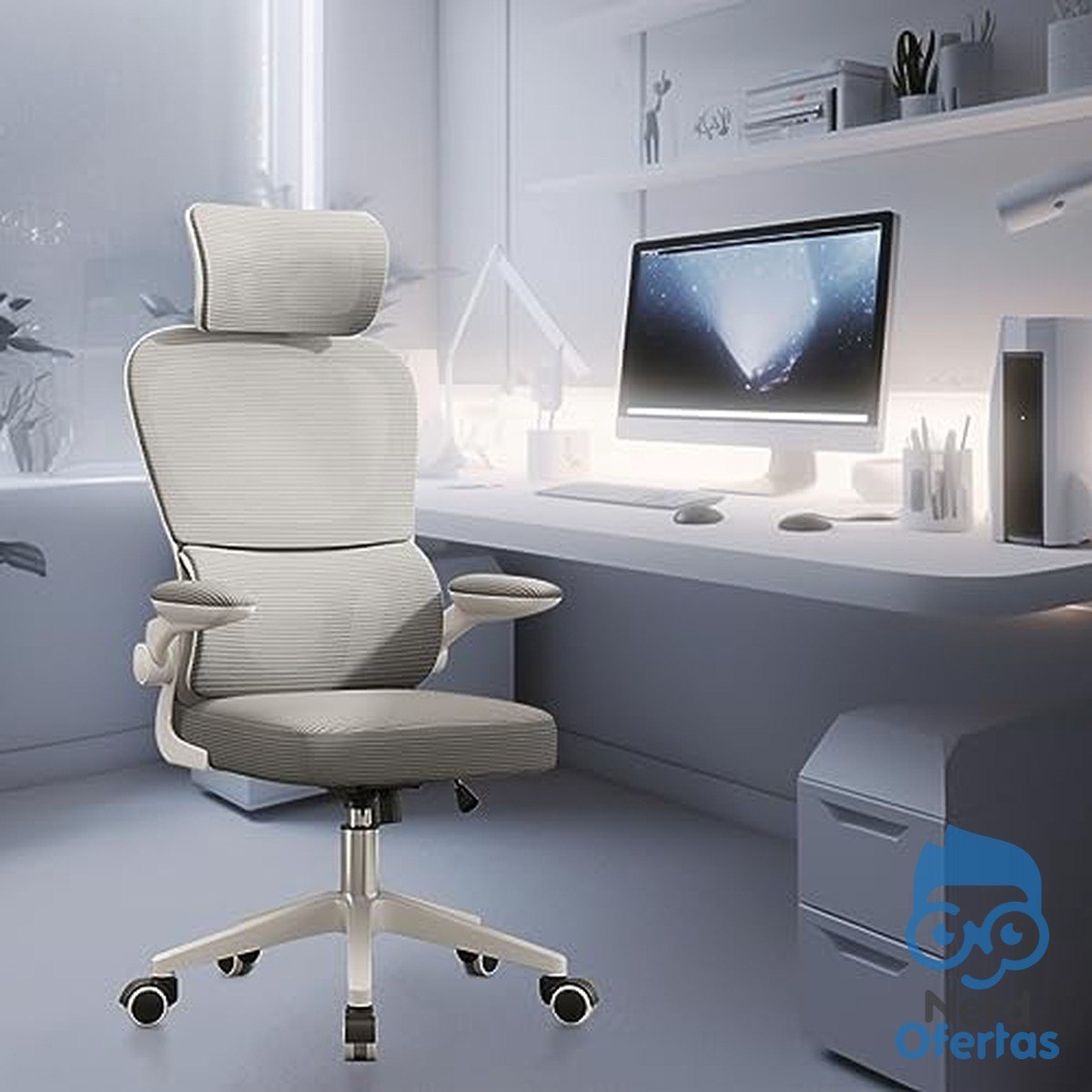 Cadeira de escritório ergonômica NR-17 com suporte lombar, malha respirável e encosto de cabeça (Cinza)
