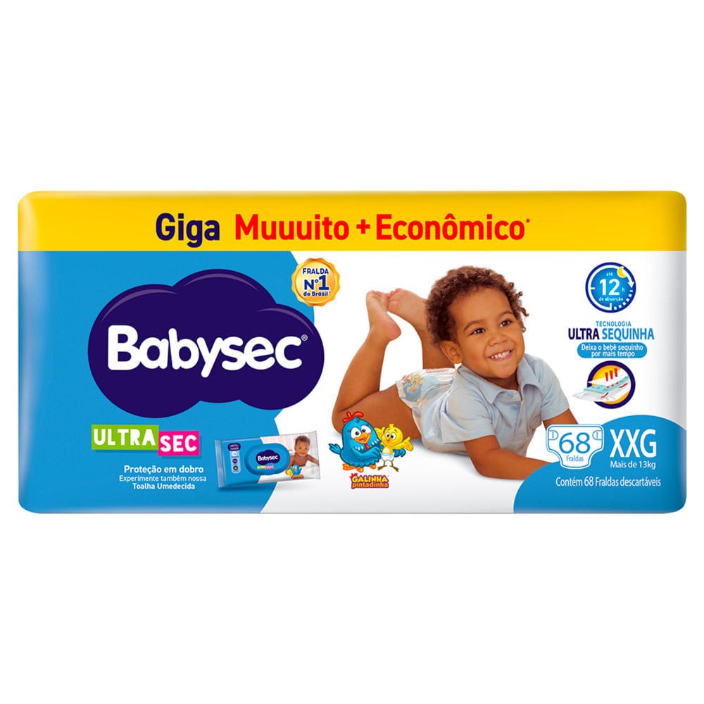 Fralda Babysec Ultrasec Giga XXG com 68 Unidades por R$70,39