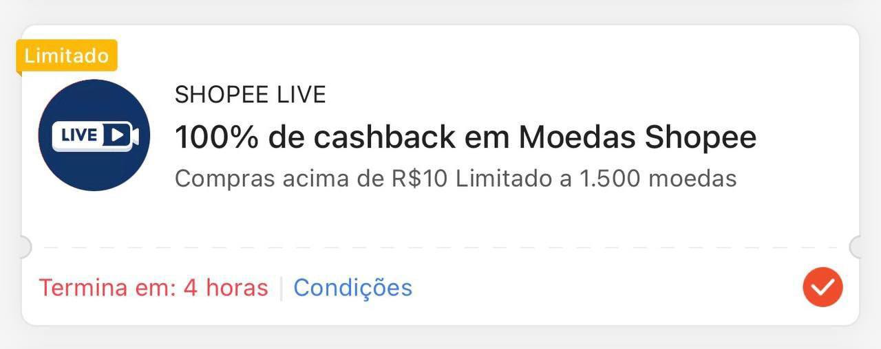 Cupom de 100% de cashback na Shopee, resgatado na live shopee_br