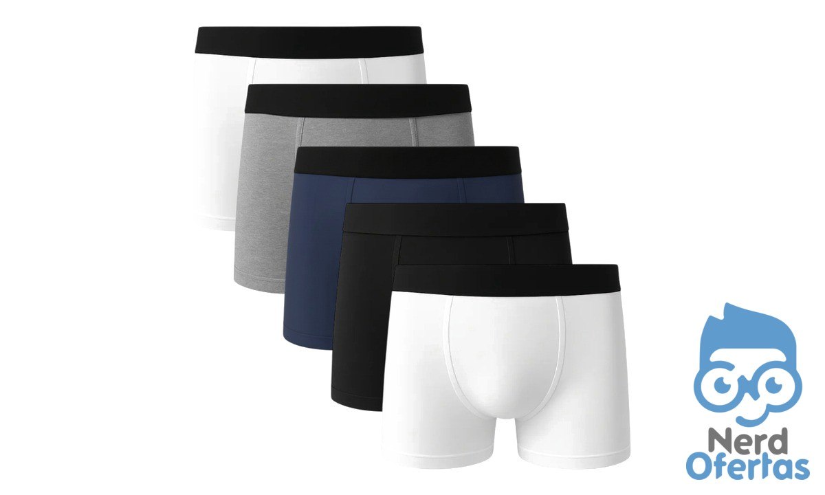 5 Cuecas Boxer Algodão Basic Lisa Masculina Forro Duplo Sortido por R$ 32