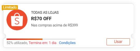 Cupom Shopee: R$ 70,00 OFF em compras acima de R$ 399,00 (esgotando)